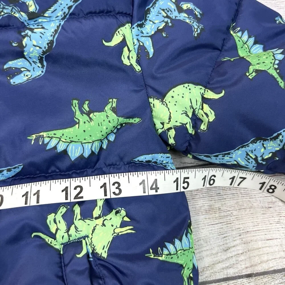 Old Navy Blue Dinosaur Hooded Puffer Jacket Coat Size 3T Fleece Lined Outdoor